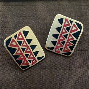 Vintage Laurel Burch Signed Pierced Earrings, .75”X 1”, titled “Folkart”